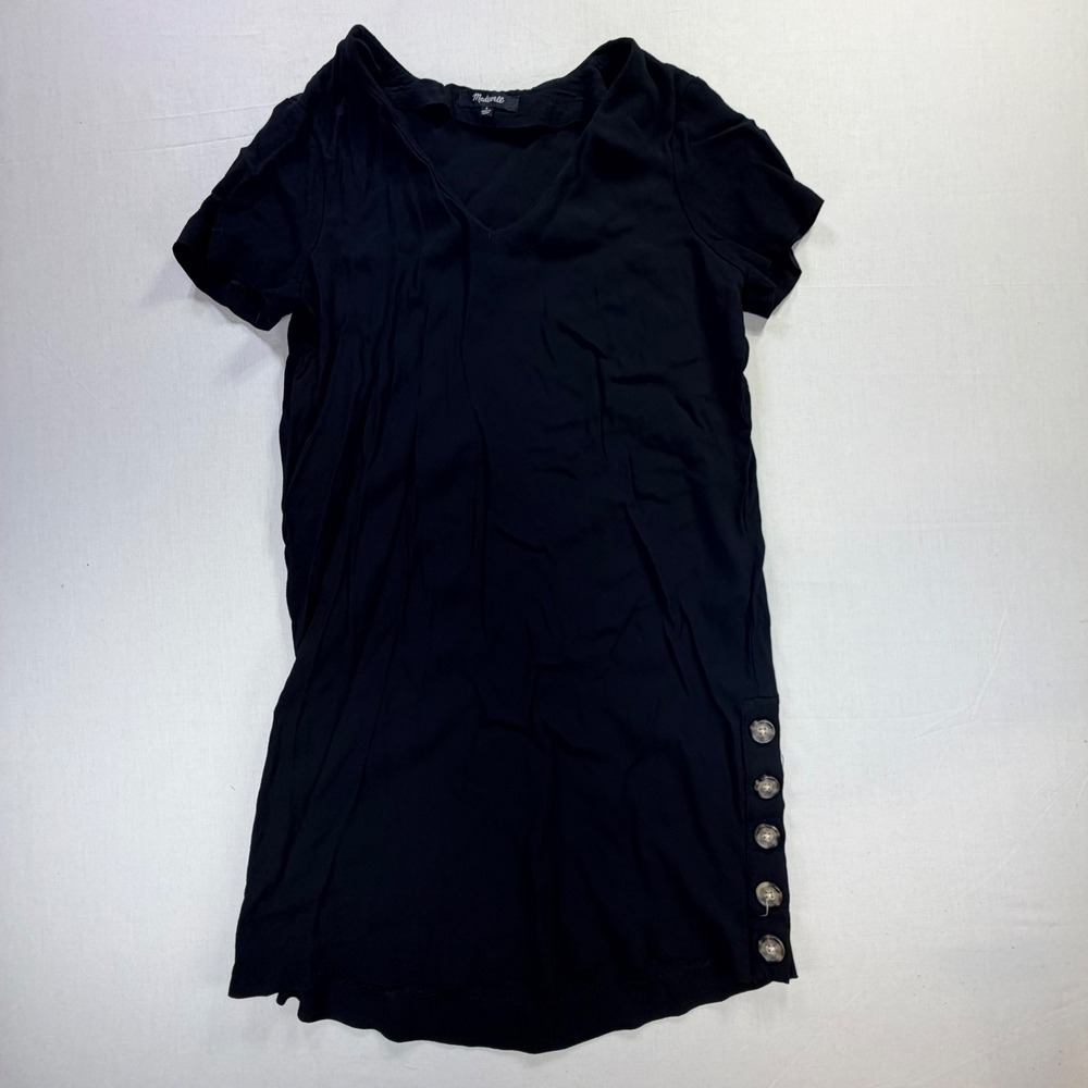 Madewell Black V Neck Button Side T Shirt Dress Size S Short Sleeve Casual‎